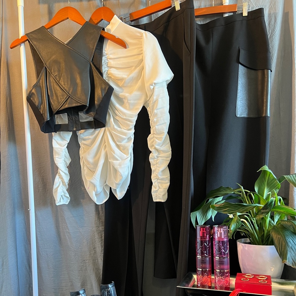 BCBG Maxazria 3 Pieces; top w/bustier; wide leg pant or a long skirt w/leather